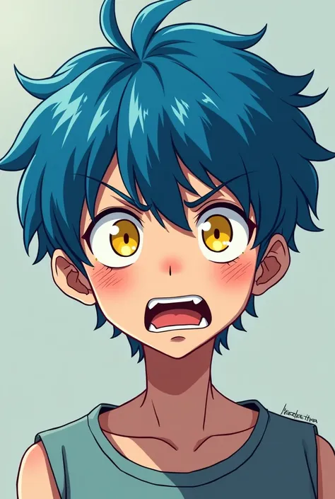 A blue haired yellow eyed anime style guy with a scared cartoon look 