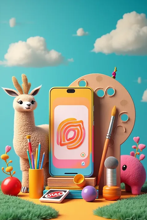 Mobile phone, Colorful logo, brush and palette, baby alpaca, biliard, uno, microphone, title “Display”, Sky Background