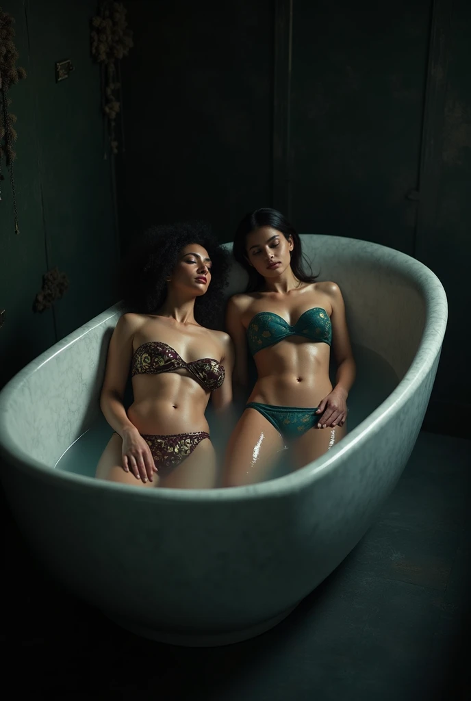 Two women wearing saree bikini are sleeping in the dark bathtub 