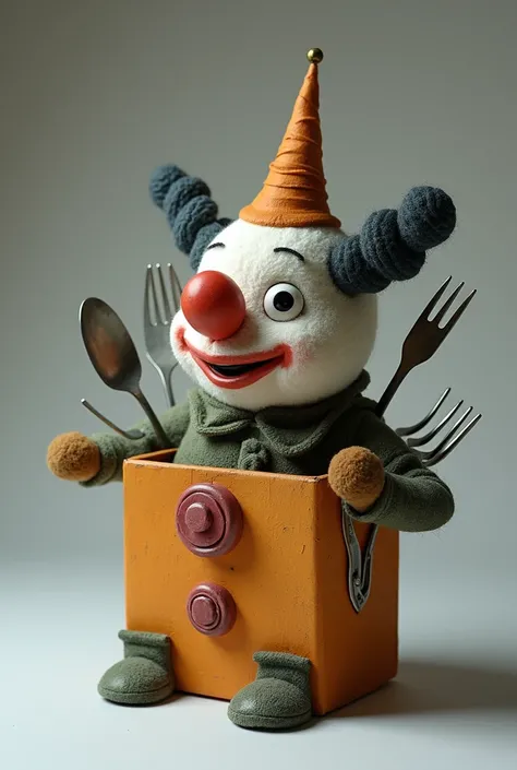 a stuffing box that has a clown on its cover and is made out of a fork spoon and a knife and has a nose and eyes but you have to flip the box around to notice it’s a clown other wise you can’t tell. 