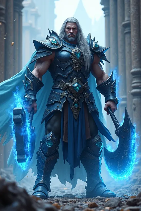 medieval, rpg, Armor , tall man, muscular , Long hair, blue energy warhammer and waraxe ,8k , no beard, Armor negra