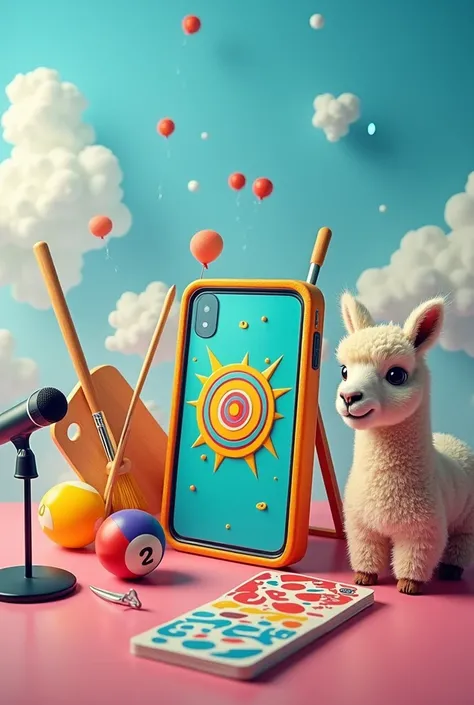 Mobile phone, Colorful logo, brush and palette, baby alpaca, biliard, uno, microphone, title “Display”, Sky Background