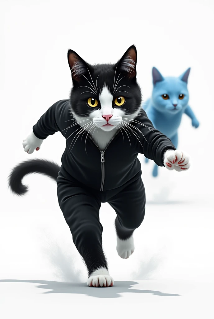 Black and white cat with blue companion and black jumpsuit running like a four-legged cat