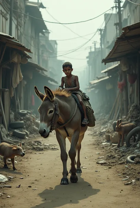 Donkey going to school and a slum in the sad botil