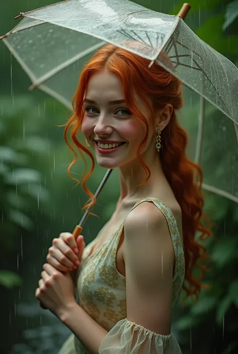 A smiling redheaded woman walking in the rain, wearing a 1949 dress, holding a transparent umbrella among the trees, full body photo, super detailed and super realistic, intricate details, photorealistic, 8k, high quality, cinematic lighting, dramatic ligh...