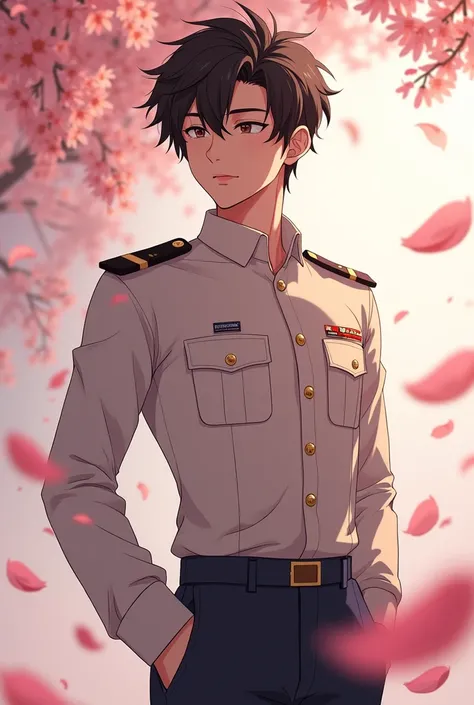 Boy At Twelve Years Old Age, Teen, Male, Anime, Black Hair, Light Blush, Hair Ornament, Young, Baby Face, Beautiful, Slim, Toned Body, Athletic, Nice Abs, 6 Packs, Shirtless, Revealing Clothes, Young Military Officer, South Korean Army Uniform, Flower Peta...