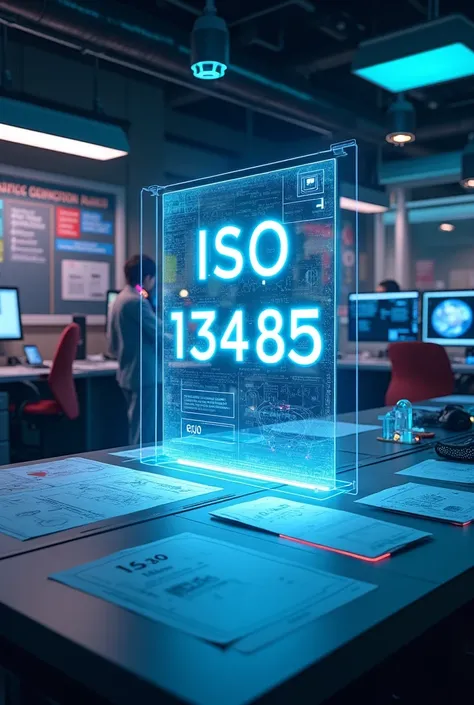 Visualize an innovative regulatory affairs lab for medical devices, set in a futuristic office. Feature a holographic display showcasing ISO 13485 documents, surrounded by advanced medical devices like a robotic arm, a 3D-printed implant, and a virtual rea...