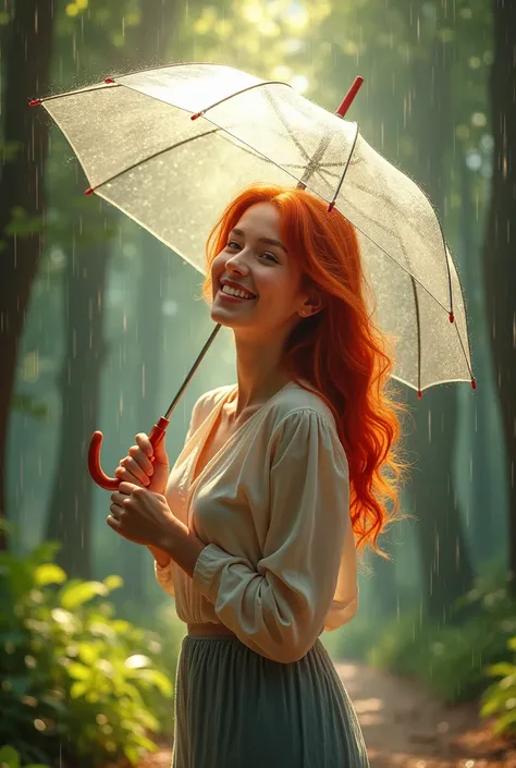 red-haired woman smiling, walking in the rain, wearing a blouse, holding a transparent umbrella among the trees. Full body photo, super detailed and super realistic.