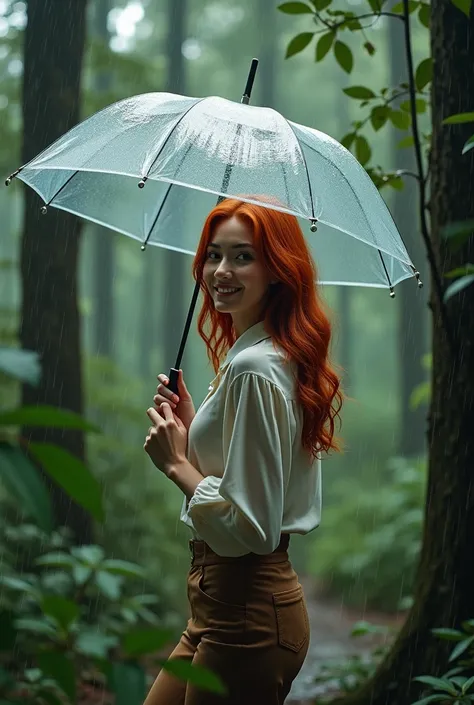 realistic, photorealistic, photo-realistic:1.37, 1girl, beautiful redhead woman, smiling, walking in the rain, holding transparent umbrella, blouse, among trees, full body, hyperrealistic, extremely detailed, 8k, masterpiece:1.2, high quality, cinematic li...