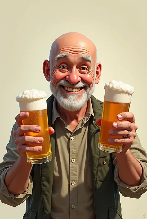 drawing of an old character, smiling, bald and beardless man holding two beers in each hand.