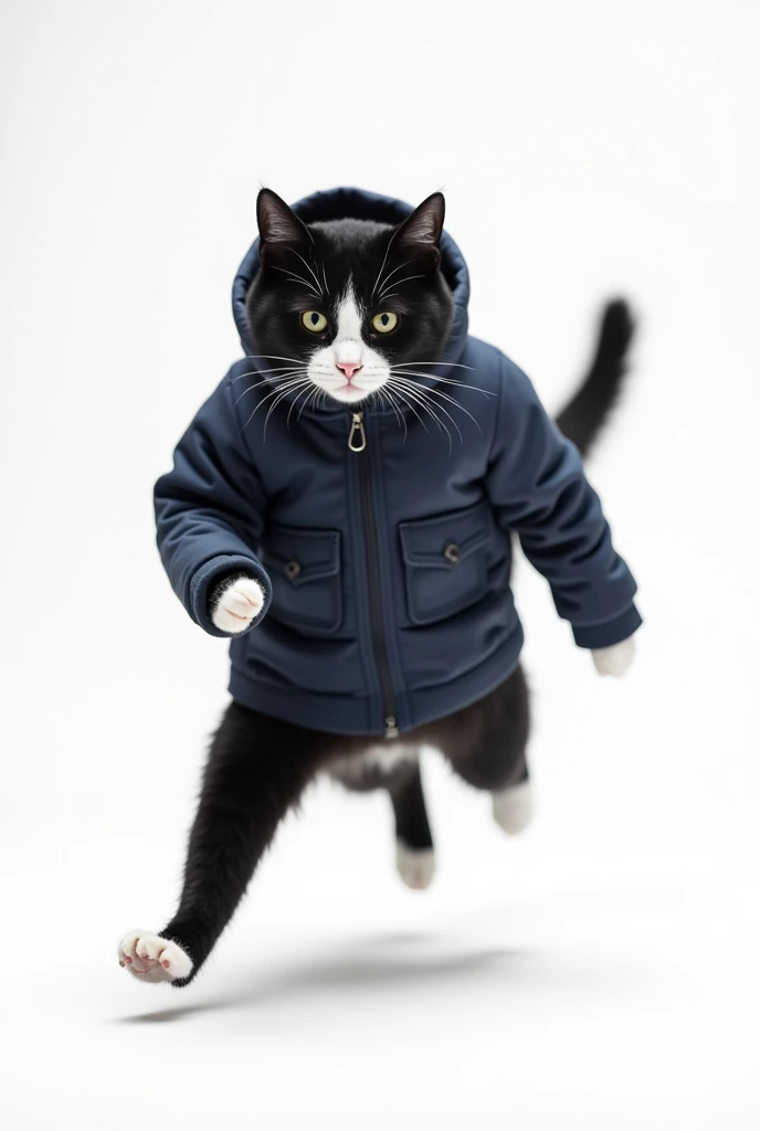 Black and white cat with dark blue kangaroo jacket without a serge running like a four-legged cat