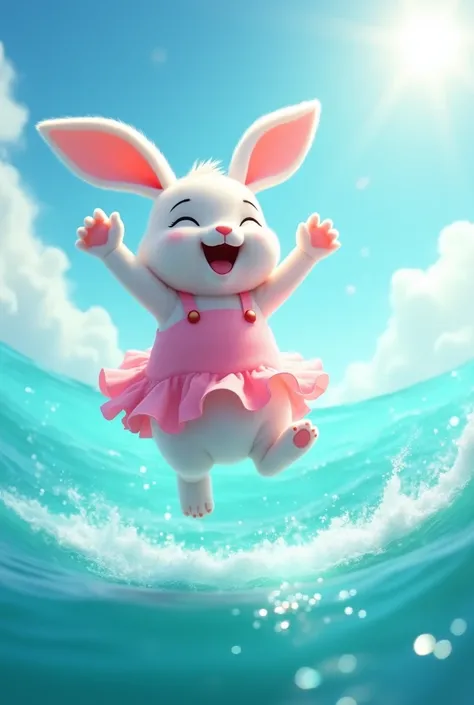 Imagine a playful, energetic white rabbit, dressed in a pink, frilly dress, jumping joyfully above the sparkling turquoise waters of the ocean.   The baby rabbits expression is one of sheer joy and excitement as it reaches out with its claws, apparently tr...