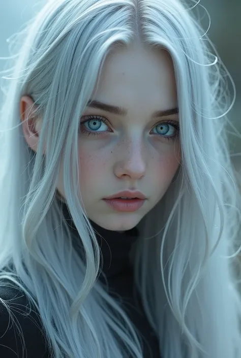 Silver hair, blue eyes, long hair