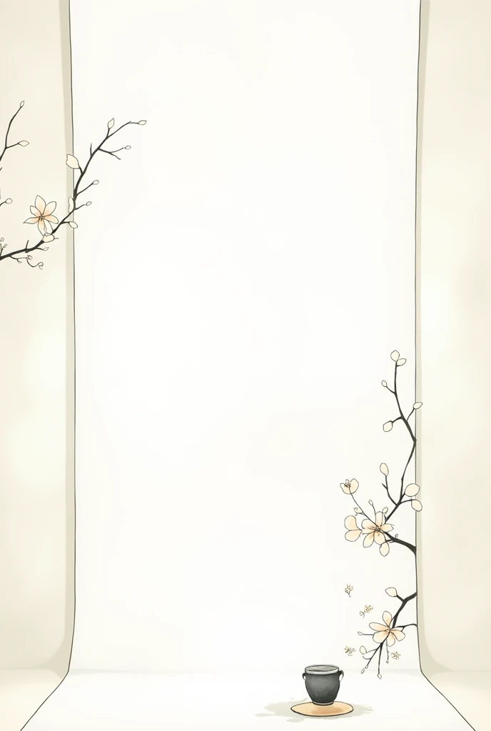 Create an open scroll，Pure white inside the picture，The outside of the scroll is decorated with ink，Add tea ceremony elements，Horizontal scroll，Anime style