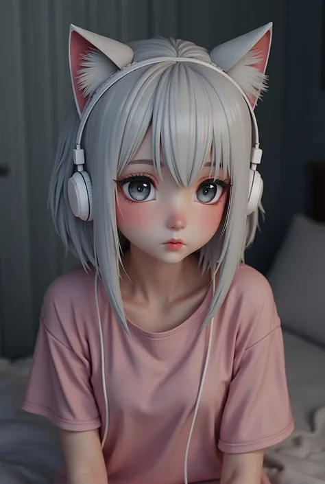 I want a Female Character wearing a pink t-shirt Is seating in a room and she wearing a white headphone and her hair is white cat hair and she Is in sad mood