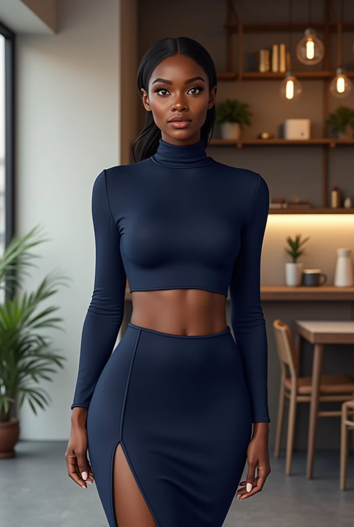 A curvaceous Black woman wearing a snug, navy blue co-ord set with a cropped turtleneck sweater and matching bodycon midi skirt, paired with white sneakers. Her hair is styled in a sleek low ponytail. The setting is an indoor, modern coffee shop with minim...