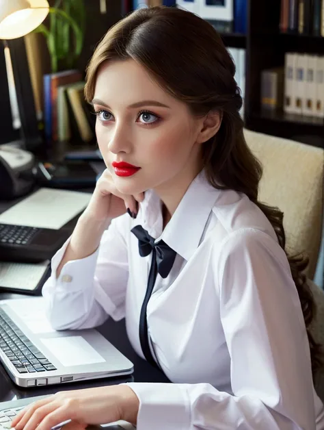 (realistic,photorealistic,photo-realistic:1.37),highly detailed russian girl, secretary dress,white shirt and black pencilin skirt ,gorgeous Russian 20 year woman,beautiful detailed eyes,beautiful detailed plump red lips,realism style,dynamic pose working ...