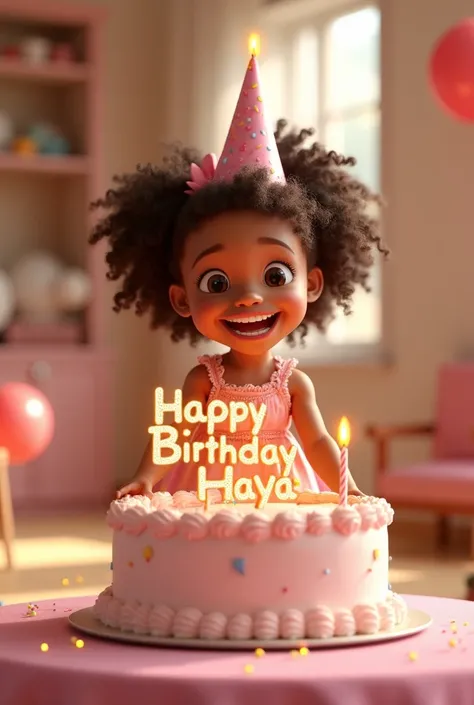 Create an ultra realistic and 3D image of 4 years Birthday girl with curly hair and wearing pink frock in front of birthday cake also write the text “ Happy Birthday Haya “ on Cake in bold and shining writing 