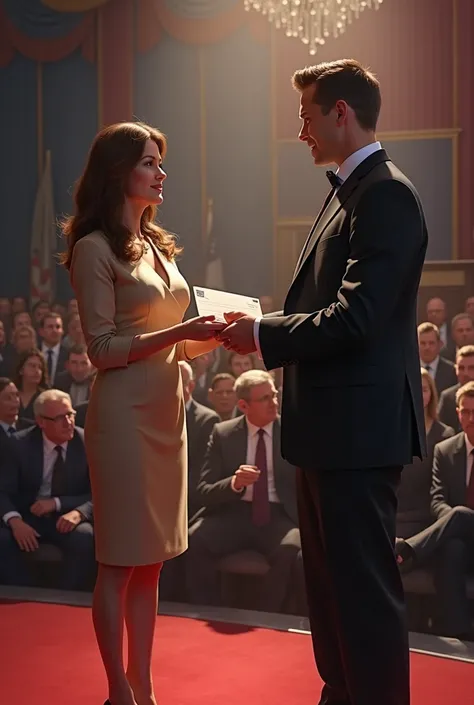 A women taking a check from a man on a stage before audience 