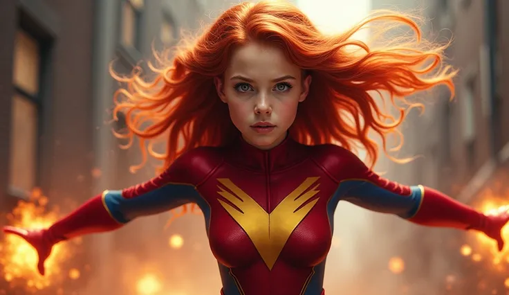 PHOTO REALISTIC 14 YO GIRL WITH LARGE BREASTS DRESSED AS Jean Grey IN SUPERHERO STANCE