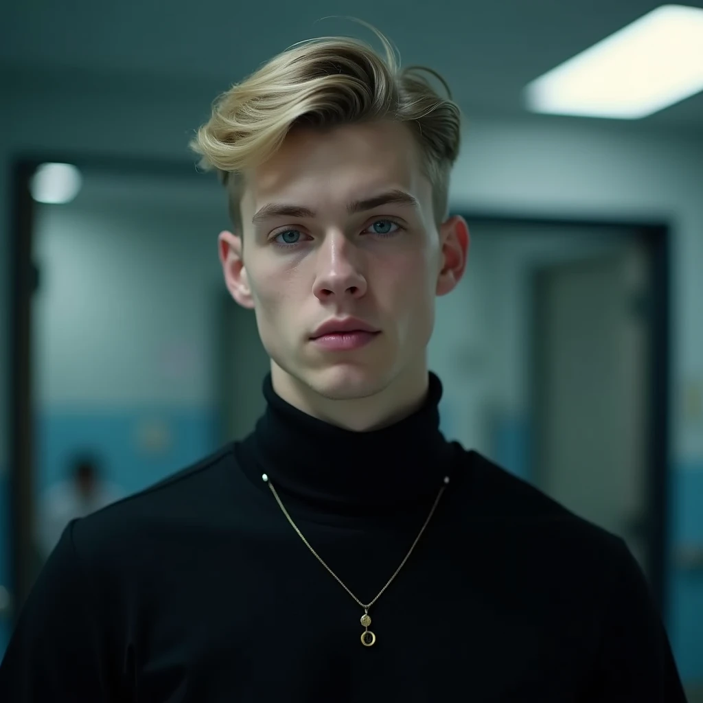 A (((portrait))) picture of 22 years slim young man with blonde hair, a mid-fade, and light blue eyes, wearing a black turtleneck and a black Scrub Suit, a small gold necklace, the blurred background is a hospital, ((very pale white skin)) 