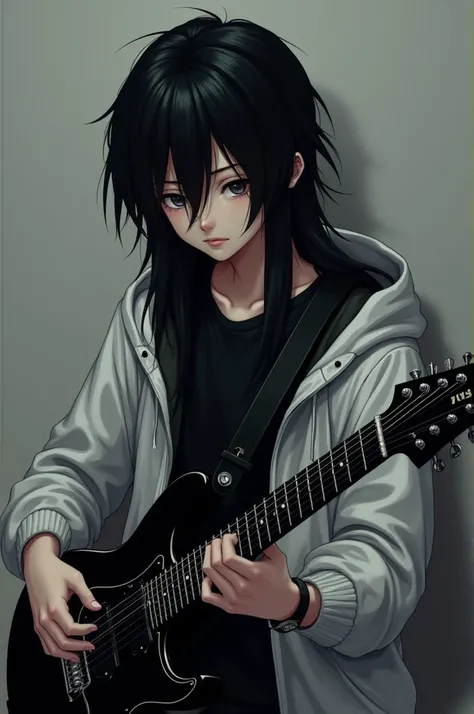 Teenage boy with long black hair in black t-shirt with white jacket playing black guitar 