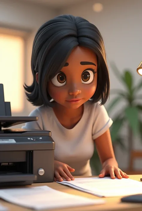 Disney Pixa 3D brown skin color with straight hair working with printer and papers
