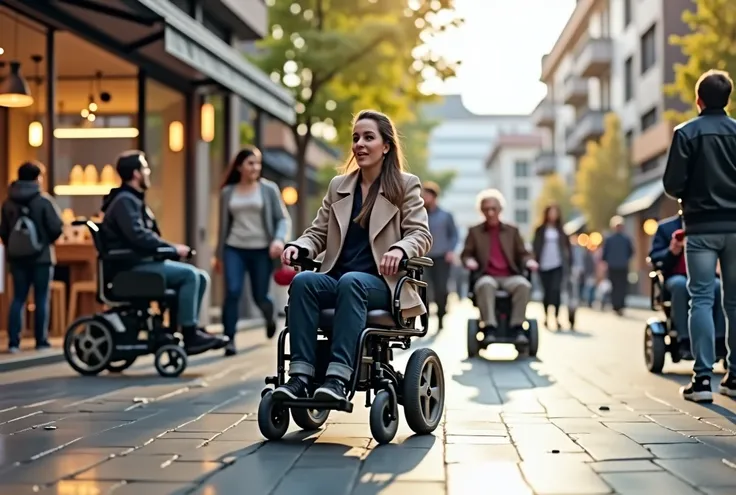 Individuals using motorized wheelchairs in various public environments like business offices, restaurants, or retail stores. Highlight the wheelchair’s mobility and independence, with the users confidently navigating through busy spaces. The setting is mod...