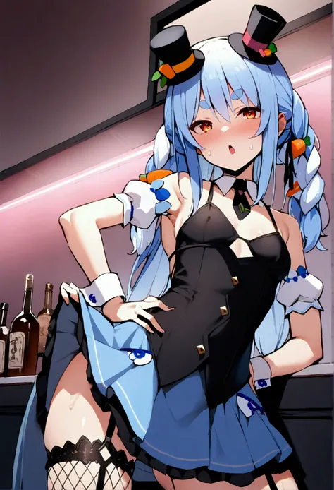 NSFW,masterpiece,Best Quality,High resolution,Very detailed,One girl,Usada Pekora(Hololive),Orange eyes、Thick eyebrows、False eyelashes、Black hair band、Blue Hair、Long Hair、mini top hat、Angled hat、- Detachable collar、short black tie、Black Dress、Short dress、S...