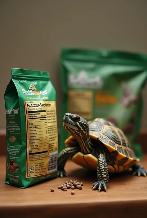 Turtle reading a nutrient section on Lomas premium reptile sticks bag


