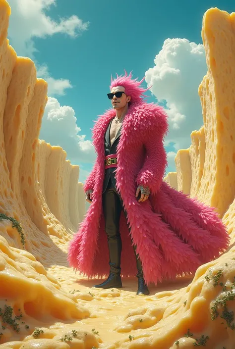 Imagine Doflamingo, de one piece, in a surreal world made of cheese.