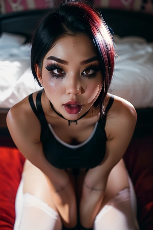 professional portrait photograph taken from above of a seductive sexy hot thai woman (19years) with nerd glasses in the most bea...