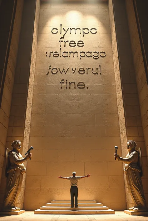 A wall that can be seen from the front that has the phrase carved on it "OLYMPO FREE RELAMPAGO" with statues of gods with microphones on the sides