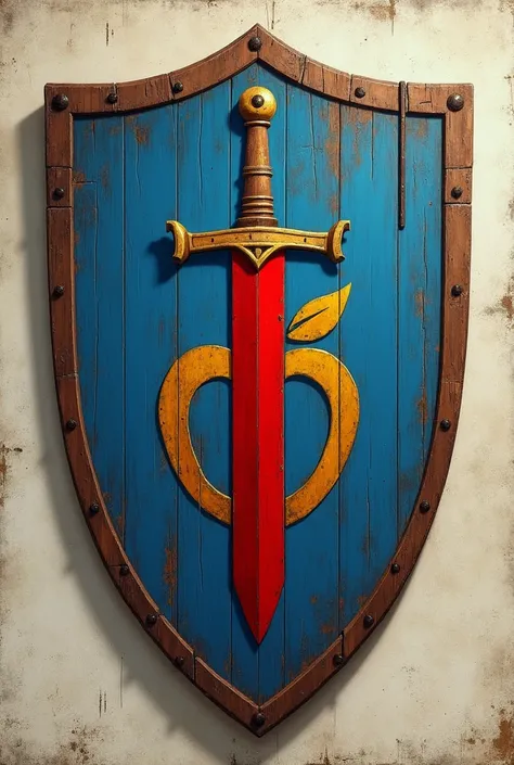 Ancient painted simple coat of arms on wooden shield, Blazon: a red simple stylized longsword on blue, in front of it is a painted abstract apple symbol in gold