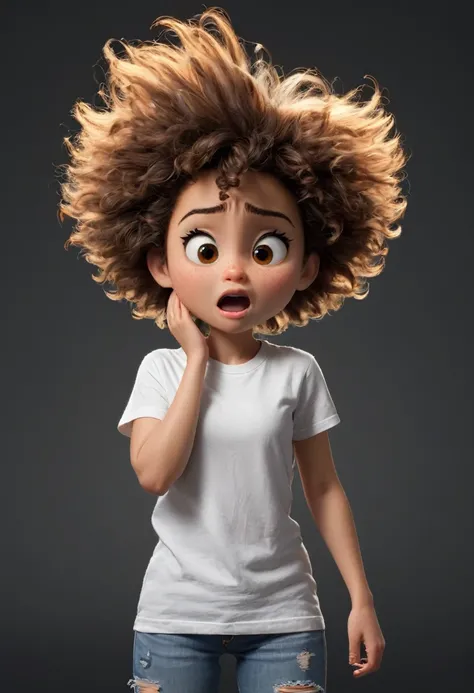 woman (((Afro Latina, LIGHT HAIR Curly, light brown hair, brown eyes))),((very short hair)) (((short hair, messy hair, very messy hair, disheveled hair)))(((very little hair, very little hair))),(((hair falling out))) facing forward, screaming, hands on he...