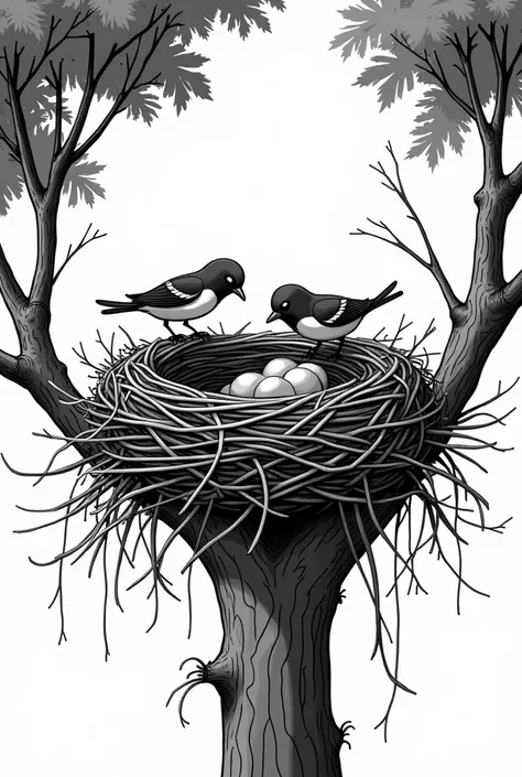 Un nid en osier en construction perché dans un arbre dans un style graphique. Bande dessinée française 2D écoute rien doivent être extrêmement détaillé perceptible et parfaitement tracé avec un filtre couleur noir et blanc les oiseaux doivent avoir lair tr...