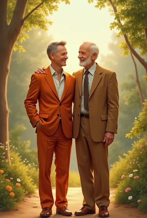 A man in a happy terracotta suit with his father by his side, their face does not appear in the image
