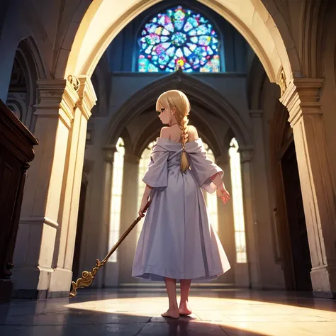 One boy, trap, Blonde, Long single braid down the back, blue eyes, Flat Chest, A slightly short person, White Robe, barefoot, Very girly, Holding a golden stick, Church Background, Textured skin, Ultra-high resolution, Ultra-high resolution, Ultra-high res...