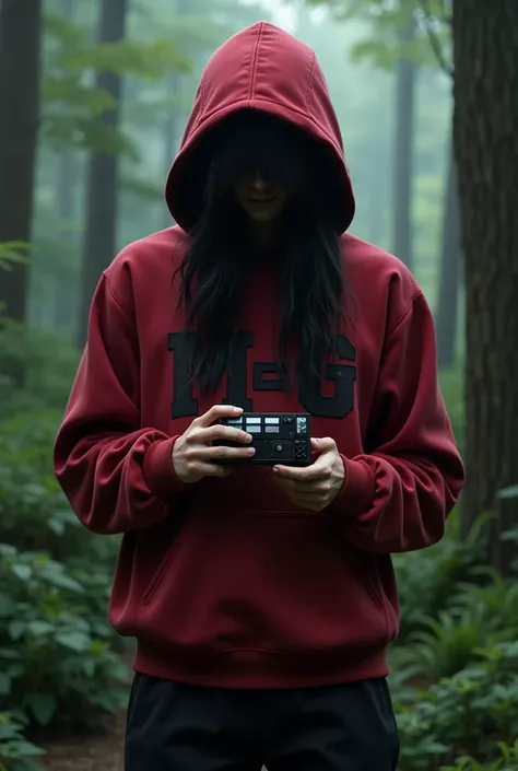 Dark Red hoodie with Written on capital M-G and with beautiful long hairs and Holding Minecraft Gudget and forest background 