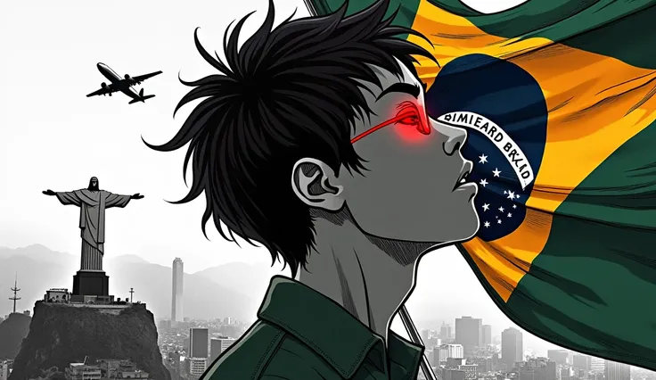 Create a black and white manga style image with, monochrome, uma pessoa apaixonada pelo brasil, beijando a bandeira do Brasil colorida, clouse-up, bright red eyes, red outline. Ao fundo o cristo redentor, e um avião passando.