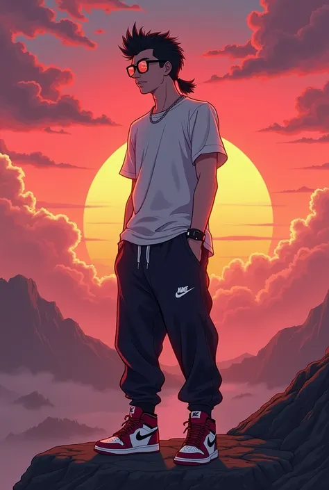 Homme a lunettes cheveux coupe mulet lunette t-shirt blanc nike jogging noir nike Jordan 1 Chicago anime couché de soleil 