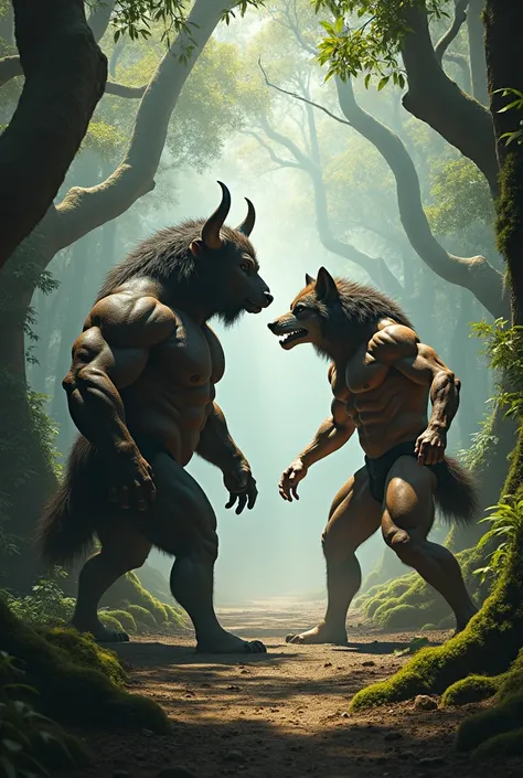 Buffalobodybuilder and wolf bodybuilder animals in forest