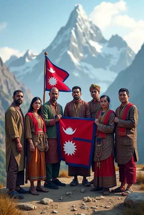 (photorealism:1.2) Nepalese different castes men and women in cultural dress holding flag with mountain views in bg 