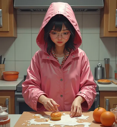 realistic asian lady, glasses, long pink shiny buttoned hooded thick swedish raincoat, (((buttoned up raincoat))), metal buttons, kitchen, baking (((clothes covered in food splatters))), (((icing splattered on raincoat))), Cowboy Shot, short plaid skirt, F...