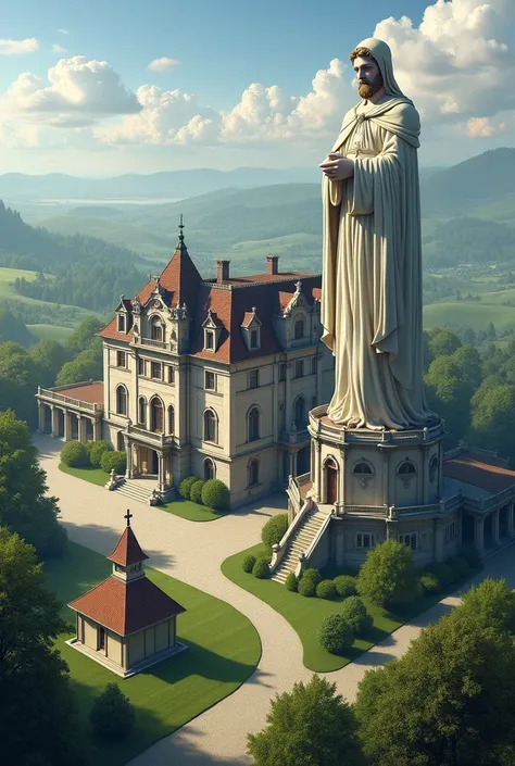  A mansion on a large plot of land, with a small chapel and a very large statue of a saint