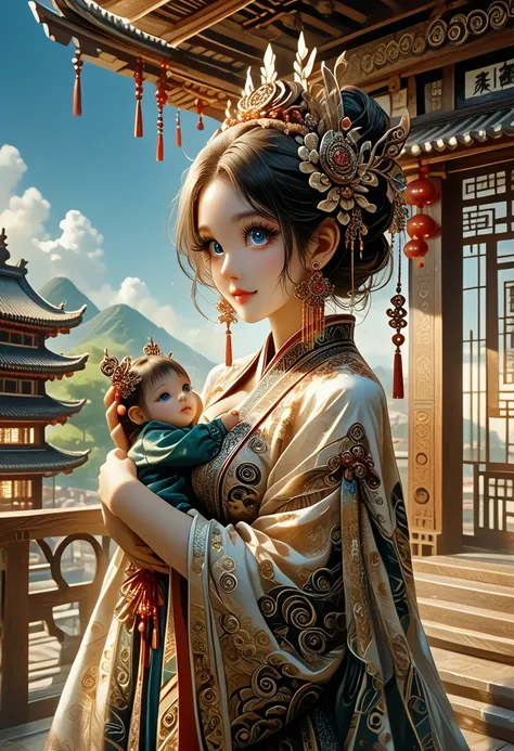 {{masterpiece, best quality, extremely detailed CG, unity 8k wallpaper, cinematic lighting}}, traditional Chinese ink painting, 1girl, 1baby, young woman holding a baby, full body, ancient architecture, blue sky, sunny day, wooden architecture, prominent p...