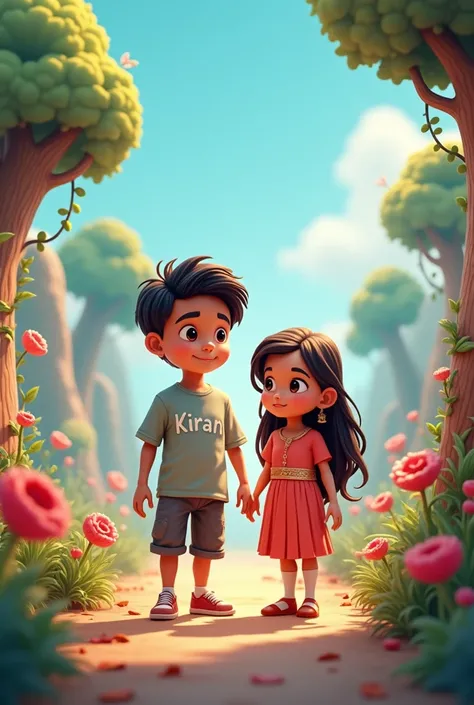 Boy and girl picture boy t-shirt name Kiran and girl name Khushi background 3d picture create