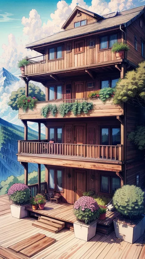 A wooden deck overlooking colorful mountains. Potted plants decorate the deck, with a steaming cup of tea on the railing.