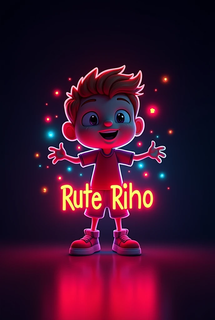 A cartoon boy logo in lights and with name Rute Riho in red and black lights 