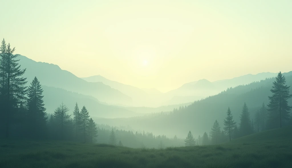 "Generate a serene nature-inspired background with a soft-focus view of a forest or mountains in the distance, featuring soft sunlight and mist. The middle area should remain uncluttered for text placement."